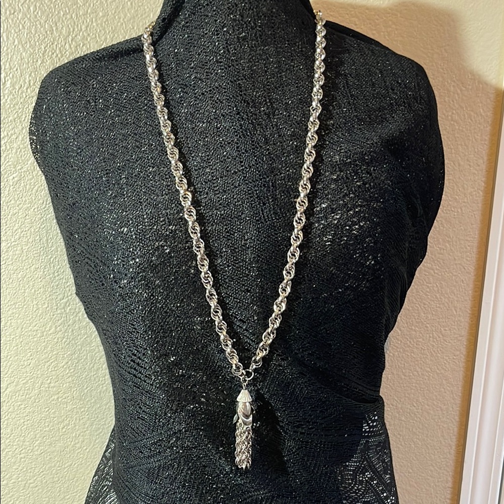 1920s Great Gatsby Silver Necklace Tassel Pendant
